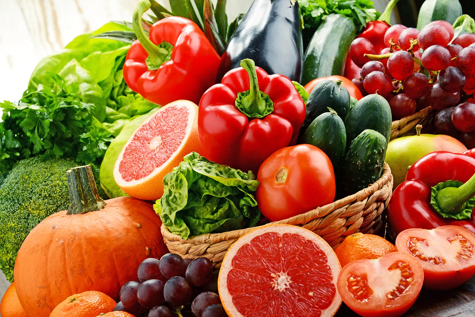 Fresh groceries including fruits, vegetables, dairy and bread